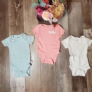 Baby Girl 100% Cotton 3Pc Bodysuit Bundle - Spring Pastel Colors - 0-3m 0/3m